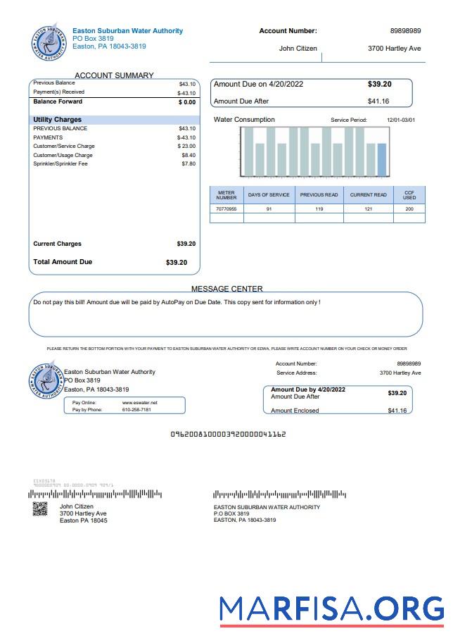Printable USA Eastern Suburban Water Authority utility bill template in Word and PDF format